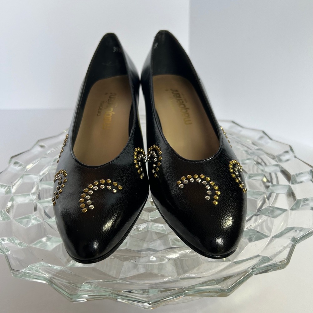 Mocassini Gold Detail Leather Pointed Toe Pumps‎ Heels Black Size 9.5M